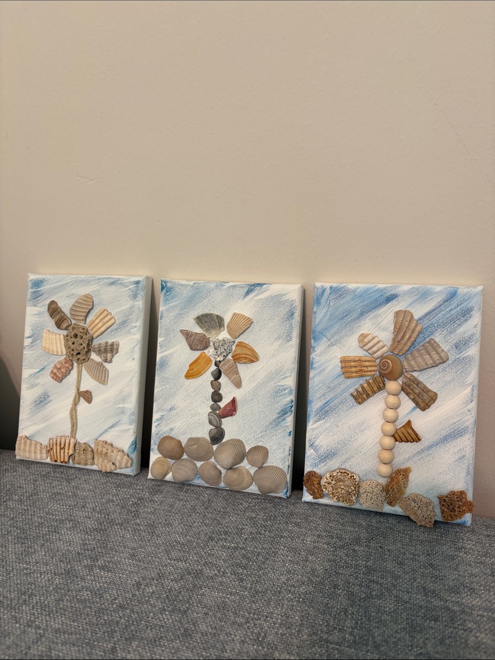 Handmade Seashell Flower Wall Art Trio - Neutral & Blue